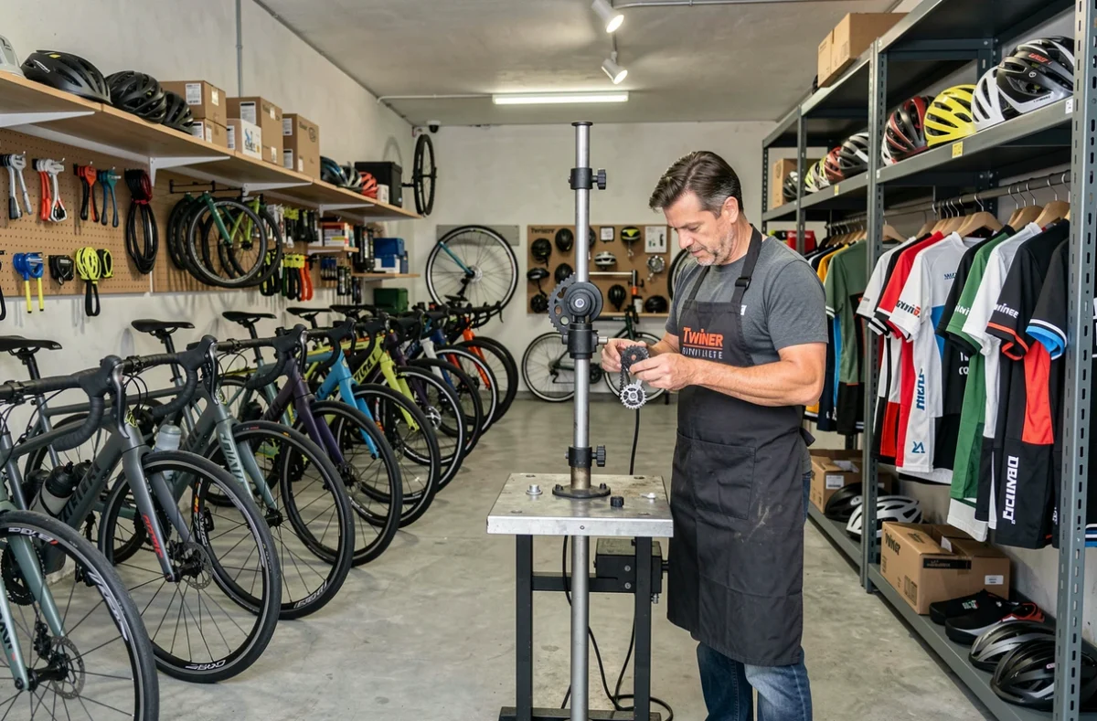 Mécanicien vélo travaillant en boutique chez Twinner à Chécy avec des vélos et équipements cyclistes exposés