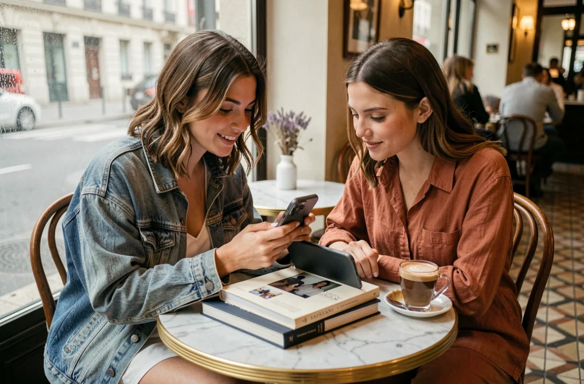 Deux jeunes femmes partageant des photos sur smartphone dans un café parisien, esthétique éditoriale douce et naturelle style Anna Dray