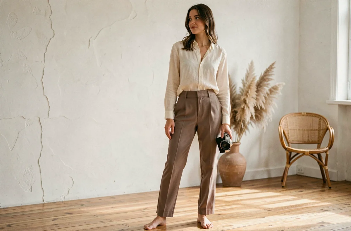 Jeune femme tenant un appareil photo argentique dans un atelier minimaliste parisien, style Anna Dray, esthétique Instagram épurée