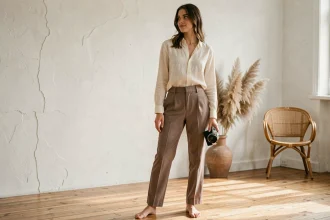 Jeune femme tenant un appareil photo argentique dans un atelier minimaliste parisien, style Anna Dray, esthétique Instagram épurée