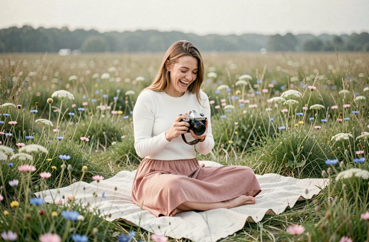 Femme assise dans une prairie en fleurs consultant son appareil photo, style photo aérien et pastel inspiré de l'univers Anna Dray
