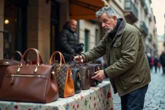 Vendeur de contrefaçons de sacs à main de luxe sur un marché urbain en plein air, manipulation et tromperie du consommateur