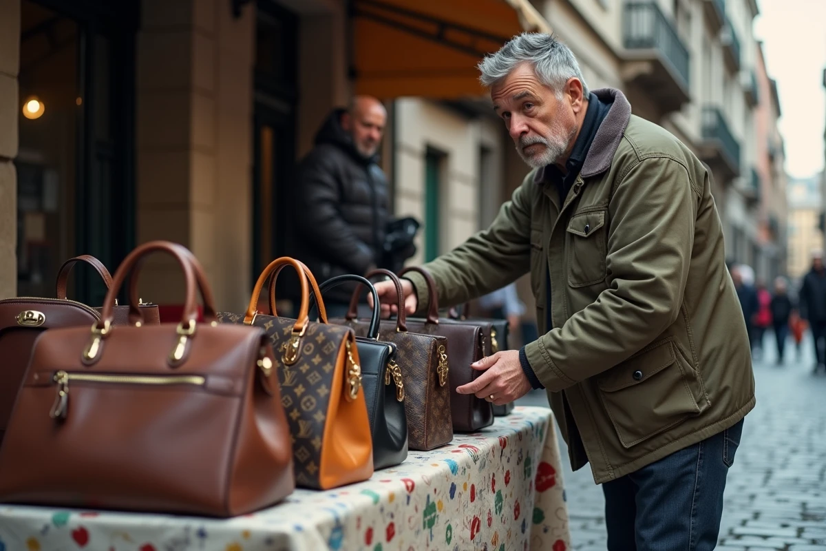 Vendeur de contrefaçons de sacs à main de luxe sur un marché urbain en plein air, manipulation et tromperie du consommateur
