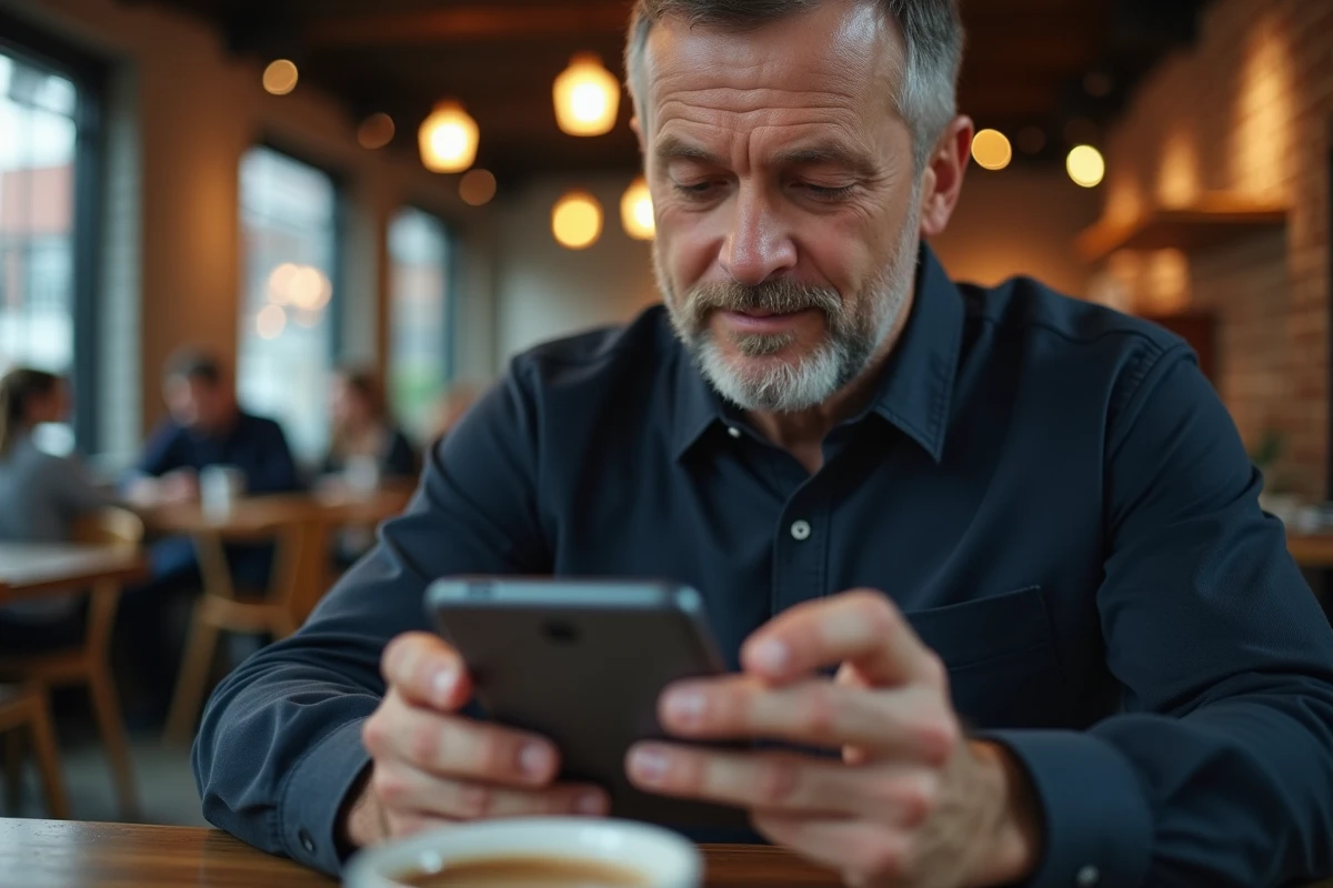 Homme vérifiant la sécurité de son compte habillement sur smartphone dans un café