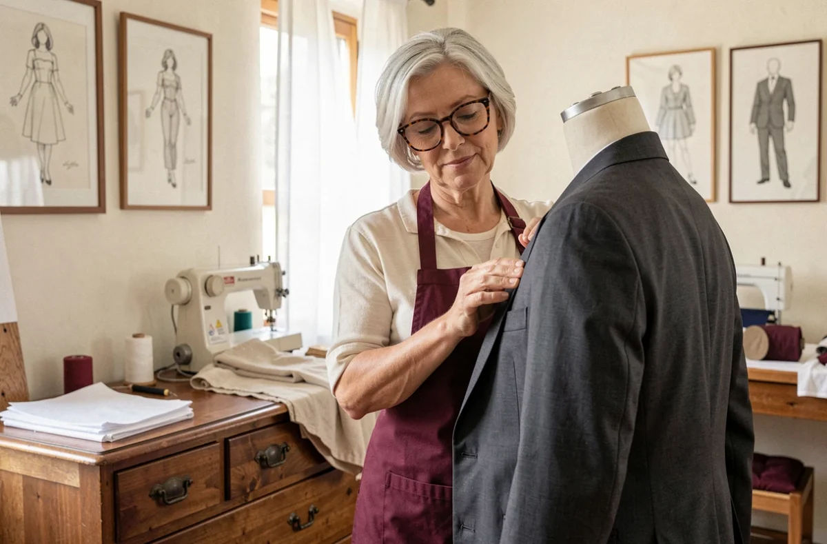 Véronique Perroux à Viriat mesurant la manche d'une veste de costume sur un mannequin dans son atelier maison chaleureux