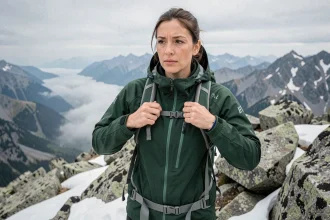 Femme portant une veste de montagne haut de gamme sur une crête alpine rocheuse avec vue sur la vallée brumeuse