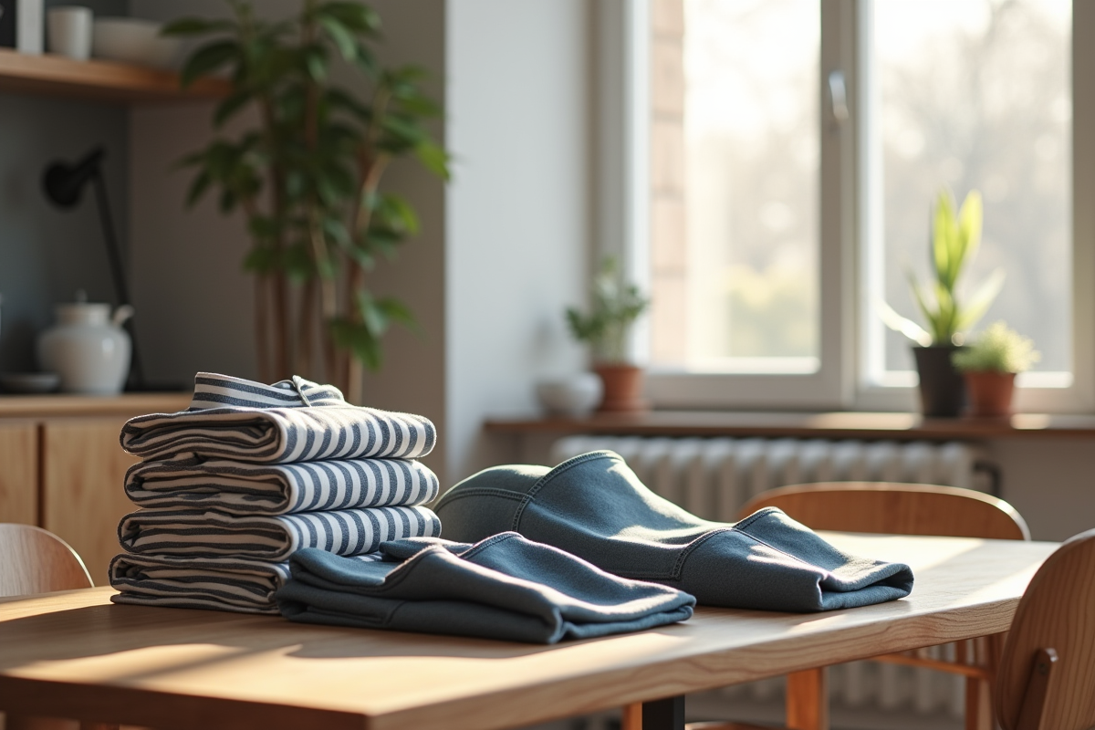 Vêtements modernes sur table en appartement lumineux